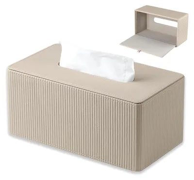 Produktbild von Kosmetiktücherbox, rechteckiger Tissueboxhalter aus Kunstleder, dekorative Taschentuchbox für Zuhause, Badezimmer, Wohnzimmer, Schlafzimmer, Auto, Büro (beige)