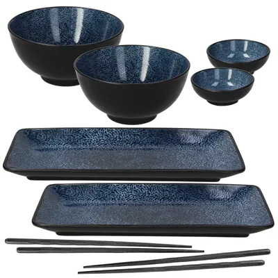 Sushi-Set 8-teilig, Porzellan, Blau, 2 Schalen, 2 Teller, 4 Stäbchen