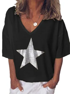 Produktbild von Plus Size Sommer Frauen Star V-Ausschnitt Kurzarm T-Shirt Einfarbig Loose Top Schwarz L.