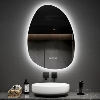 Image de EMKE Miroir de salle de bain avec éclairage 75 x 55 cm Miroir de salle de bain à intensité variable avec 3 couleurs de lumière, miroir de salle de bain asymétrique avec antibuée, interrupteur tactile