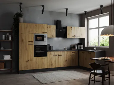 Produktbild von Küche Küchenzeile Winkelküche Grau Matt Artisan Eiche Oliver 340x172 cm Respekta