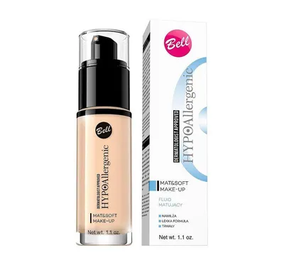 A bottle of Bell HYPOAllergenic Mat Soft Makeup and its packaging are shown against a white background.