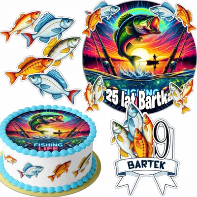 Produktbild von Zestaw Opłatek Na Tort 20Cm + 16 Postaci - Wędkarskie Rybak +Imię 15Cm 18Cm