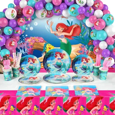 Image de Kit de décoration pour anniversaire sur le thème des sirènes, pour 10 personnes : vaisselle, ballons et décorations