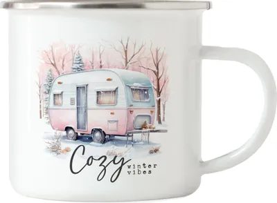 Produktbild von Cozy Winter Vibes Emaille Tasse Weihnachten Schnee Camping Camper Dezember Gemütlichkeit
