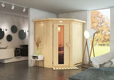 Produktbild von Karibu Sauna Innensauna Tonja Eckeinstieg ohne Zubehör 184x165x202 cm mit Dachkranz mit Energiespartür