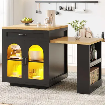 Productafbeelding van Moderne keukenbar met LED-verlichting, lades en verstelbare planken, dressoir met glazen deuren en een werkblad van MDF, uitschuifbaar, geschikt voor de eethoek, zwart