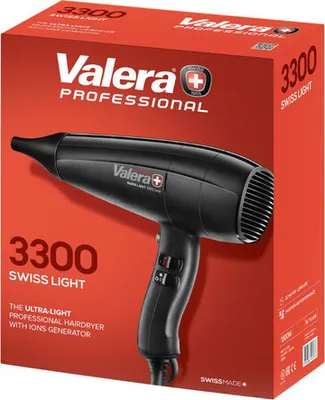 A black Valera 3300 Swiss Light professional hairdryer is shown on its red packaging.