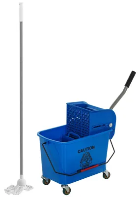 Image de Seau à détergent avec roulettes - Capacité de 20 litres - Pour le nettoyage des sols - Poignée de transport - Bleu