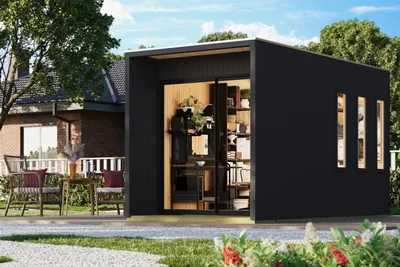 Productafbeelding van Tuinhuis, houten kantoor, thuiskantoor, studio. Zwembadpaviljoen. Afmetingen: 219,5 x 429 cm. Zwart gelakt