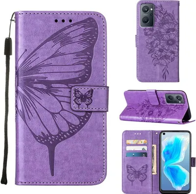Produktbild von OPPO Realme 9i Hülle, Schmetterling Prägung Flip Leder Kartenfächer Schutzhülle Ledertasche mit Ständer für OPPO Realme 9i Violett
