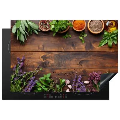 Produktbild von KitchenYeah© Herdabdeckplatte Kräuter - Gewürze - Holz , 76x51cm, Küche Deko, Glaskeramikkochfeld Herdabdeckung, Abdeckplatte fùr Kochfeld