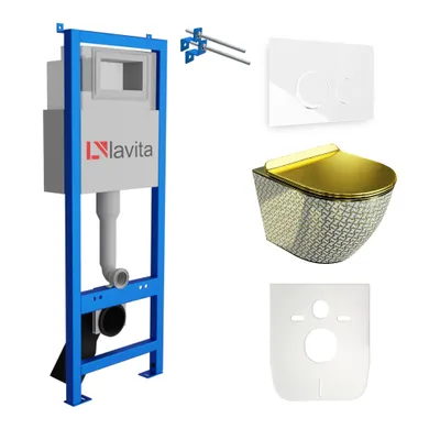 Produktbild von Lavita LAV 101 Vorwandelement für WC 40cm + Wand Hänge Tiefspül WC SOFI SLIM GOLDEN NEVER DIE Spülrandlos + Bedienplatte LAV 200.4.1 Weiß | Komplettset | Unterputz Spülkasten | Toilette Komplett Sett