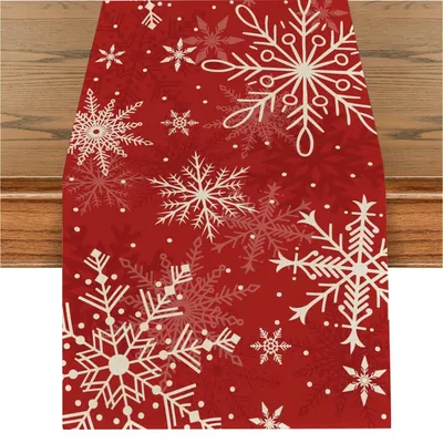 Obrázek produktu pro Běžec na stůl, vánoční motiv, sněhové vločky, červený, 40x180 cm, polyester, lze prát