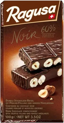 Produktbild von Ragusa Noir 60% dunkle Schokolade mit ganzen Haselnüssen 100g