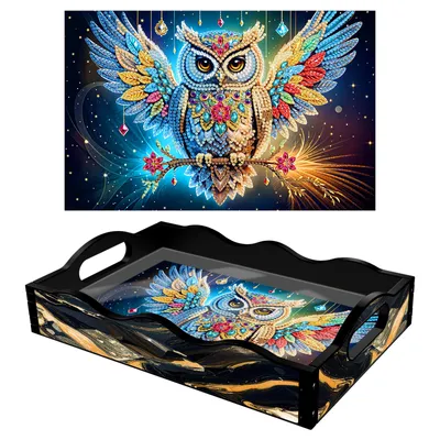 Produktbild von Diamond Painting Tablett – Eule │ Holztablett 30×20 cm | Schwarz | DIY Bastelset | Kreativgeschenk für Erwachsene