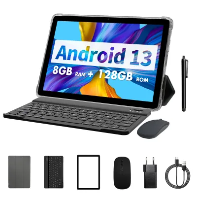 Produktbild von PRITOM Android 14 Tablet 10 Zoll, 8 GB (4+4 erweiterbar) RAM + 128 GB ROM, Octa-Core-Prozessor, Unterstützung 5G WiFi, mit Tastatur, Maus, Hülle