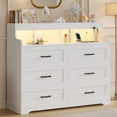 Image de Commode ProximaX, 110x40x99 cm, blanche, avec 6 tiroirs, éclairage RGB LED, ports USB et prises de courant