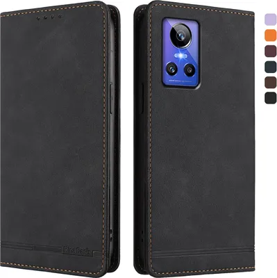 Produktbild von Hülle für Realme GT Neo 3, Retro Kunstleder Ständer Klapphülle mit Kartenfächer und Magnetische Schwarz