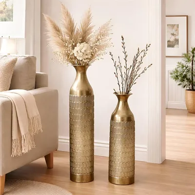 Produktbild von 2x Bodenvase "Gold" aus Metall, schlank, 63 & 72 cm groß, XL Vase, Deko Blumenvase