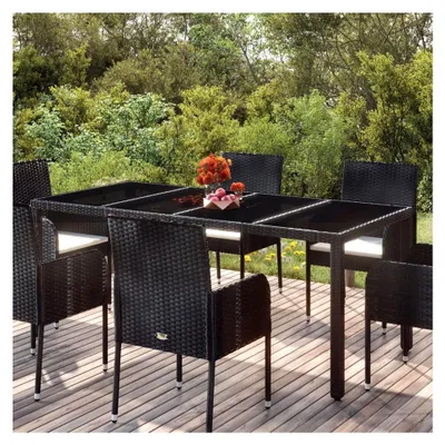 Produktbild von Gartentisch mit Glasplatte, Terrassentisch, Esstisch für den Garten, Balkontisch, Gartenmöbel, Partytisch, Schwarz 190x90x75 cm aus Poly Rattan