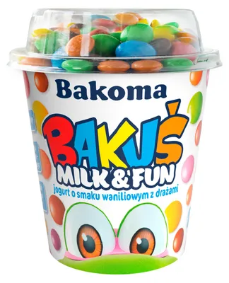 Zdjęcie produktu dla Bakuś Milk&Fun Jogurt o smaku waniliowym z drażami 135 g
