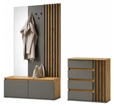 Image de Ensemble meuble d'entrée avec porte-manteau et miroir + commode - Collection NEMO