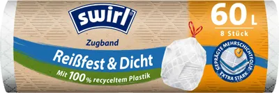 A roll of trash bags with the brand name and product details printed on the packaging.