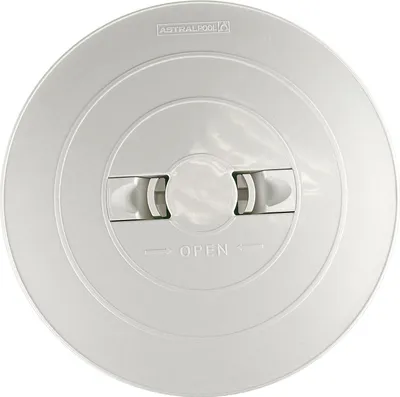 A white round skimmer lid with two handles and the word 'OPEN' printed on it.