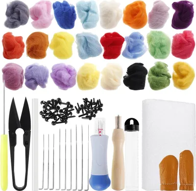 A collection of wool roving in various colors and felting tools arranged on a white background.