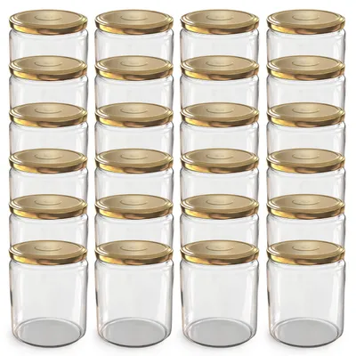 A grid of empty glass jars with gold lids.