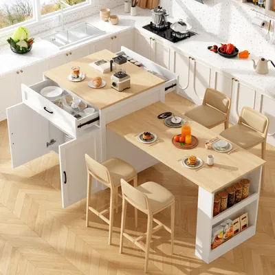 A modern kitchen island with a pull-out dining table and bar stools, set up for a meal.