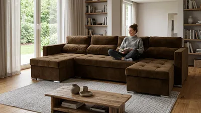 Produktbild von Ecksofa VARIUS BIG Aura – mit Schlaffunktion & 3 Bettkästen, Webstoff in Braun, Family Meble, KI-generiertes Bild