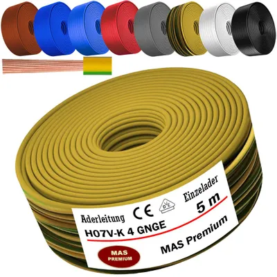 Image de Câble d'alimentation de 5 mètres, type H07 V-K, couleur vert-jaune, section 1x4 mm², monoconducteur, flexible