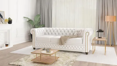 Produktbild von S-STYLE MÖBEL - Chesterfield Sofa 3 sitzer aus Weiß veganem Leder mit Holzfüßen - Area  - B/T/H: 203 cm/86 cm/72 cm
