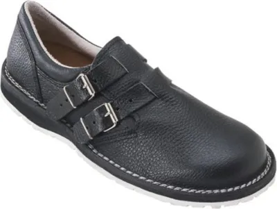 A black leather shoe with double buckles against a white background.
