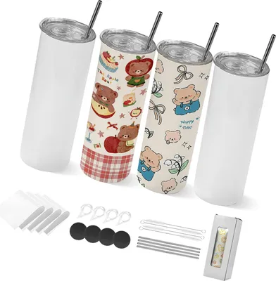 Immagine prodotto di SucceBuy Set di 4 tazze a sublimazione (591 ml), bicchieri in acciaio inossidabile con coperchi e cannucce, tazze termiche a doppia parete per regali fai da te e personalizzazione