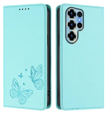 Image de Étui en cuir pour Oukitel C68, étui de protection en cuir gaufré motif papillon avec support, couleur turquoise