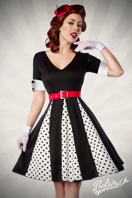 Produktbild von Vintage Retro Godet Kleid mit Gürtel in weiß/schwarz Größe S = 36