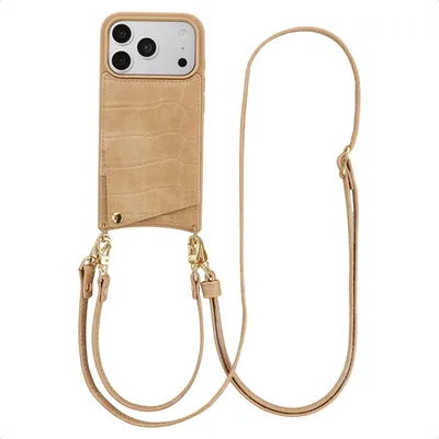 Imagen del producto de Funda para teléfono Nova Croco con cordón y tarjetero para Apple iPhone 18 Pro / 17 Pro - Toasted Almond