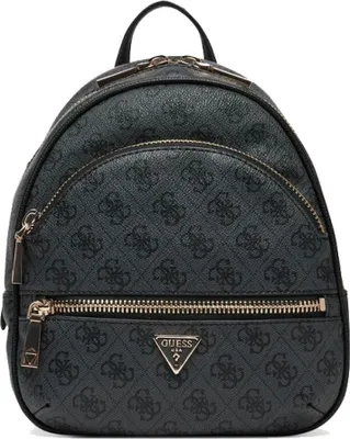 A studio shot of a grey Guess backpack with a repeating logo pattern.