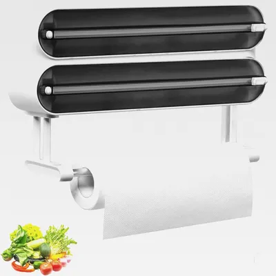 Produktbild von 3 in 1 Frischhaltefolienspender, Küchenrollenhalterung mit Küchenrollenhalter, Folienschneider Magnetischer mit Küchenrollenhalter, Alufolienspender und Frischhalte, Schwarz