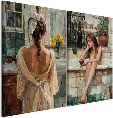 Produktbild von murando - Handart Set Frau Kunstdruck 80x60cm 2 Teilig je 40x60cm Collage 2er Vlies mit Acrylgel Beschichtet Wandbilder Leinwand Bilder Dekoration - Elegante Deko fürs WC Toilette h-H-10097-b-a