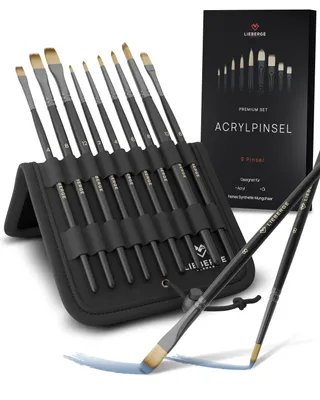 Produktbild von LIEBERGE Premium Pinselset Acrylfarben – 9 Acrylpinsel + Präsenter – perfekt für Acrylfarben – hochwertige Künstlerpinsel ohne Haarverlust beim Malen