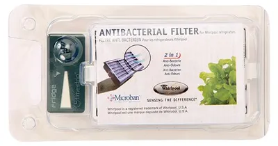 The image shows the packaging of a Whirlpool antibacterial filter for refrigerators.