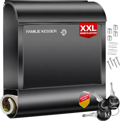 A black mailbox with a newspaper compartment and keys, along with mounting hardware, displayed against a white background.