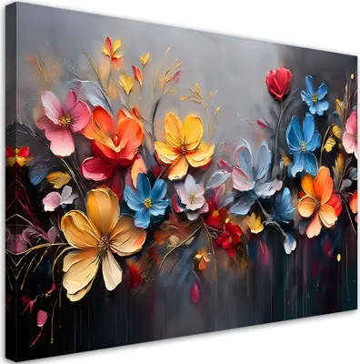 Produktbild von Leinwandbild Gemalt Blumenarrangement 60x40 Feeby Bunt bild für die wand bereit zum aufhängen