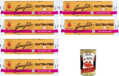 Produktbild von Italian Gourmet Glutenfreie Linguine 6 x 400 g aus Mais, Vollkornreis & Quinoa – Pasta ohne Gluten, al dente Genuss in ca. 11 Min, ideal für Sugo, Pesto & Fischgerichte + Italian Gourmet Polpa