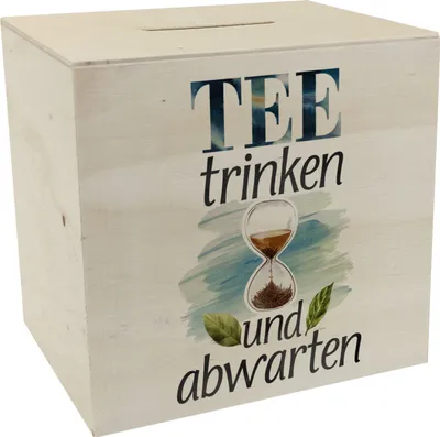 Produktbild von Sanduhr mit Teeblättern Spardose aus Holz Tee trinken und abwarten