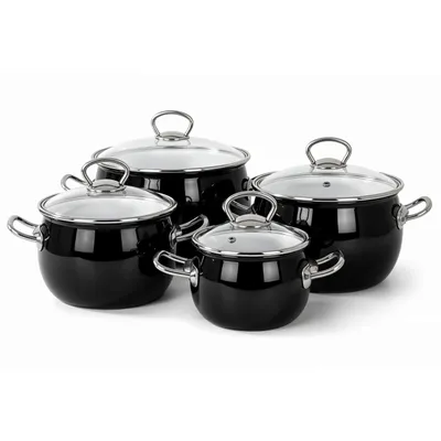Produktbild von Emajlo Olkusz | Emaille-Topfset 8-teilig – Schwarz – 1,5 / 2,5 / 3,5 / 5 l – mit Glasdeckeln – Induktion & Gas